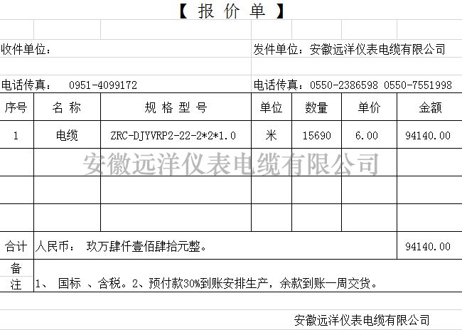 阻燃計算機電纜報價表